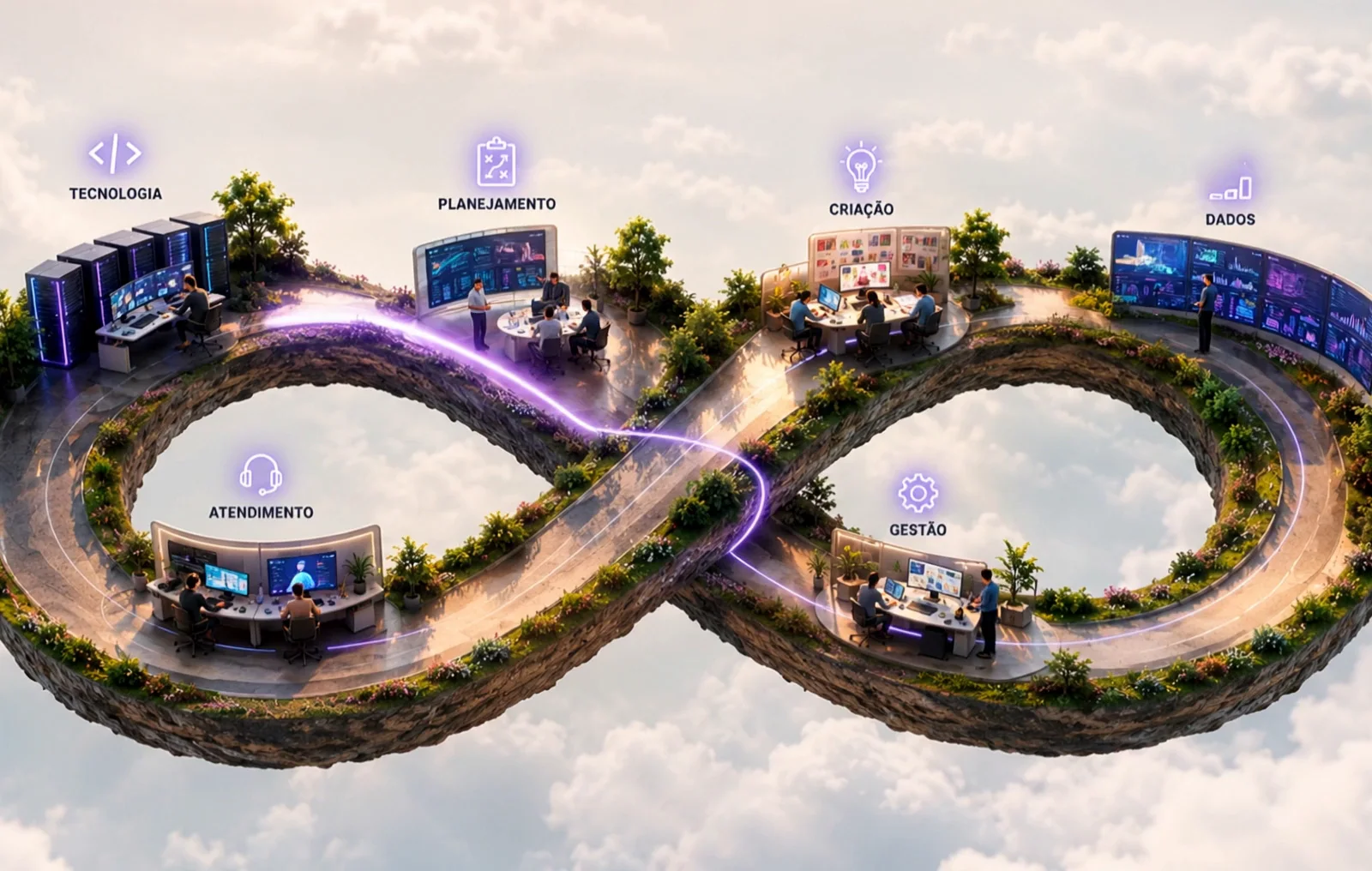 Laço do infinito flutuando sobre as nuvens, com as estações de tecnologia, planejamento, criação, dados, gestão e atendimento