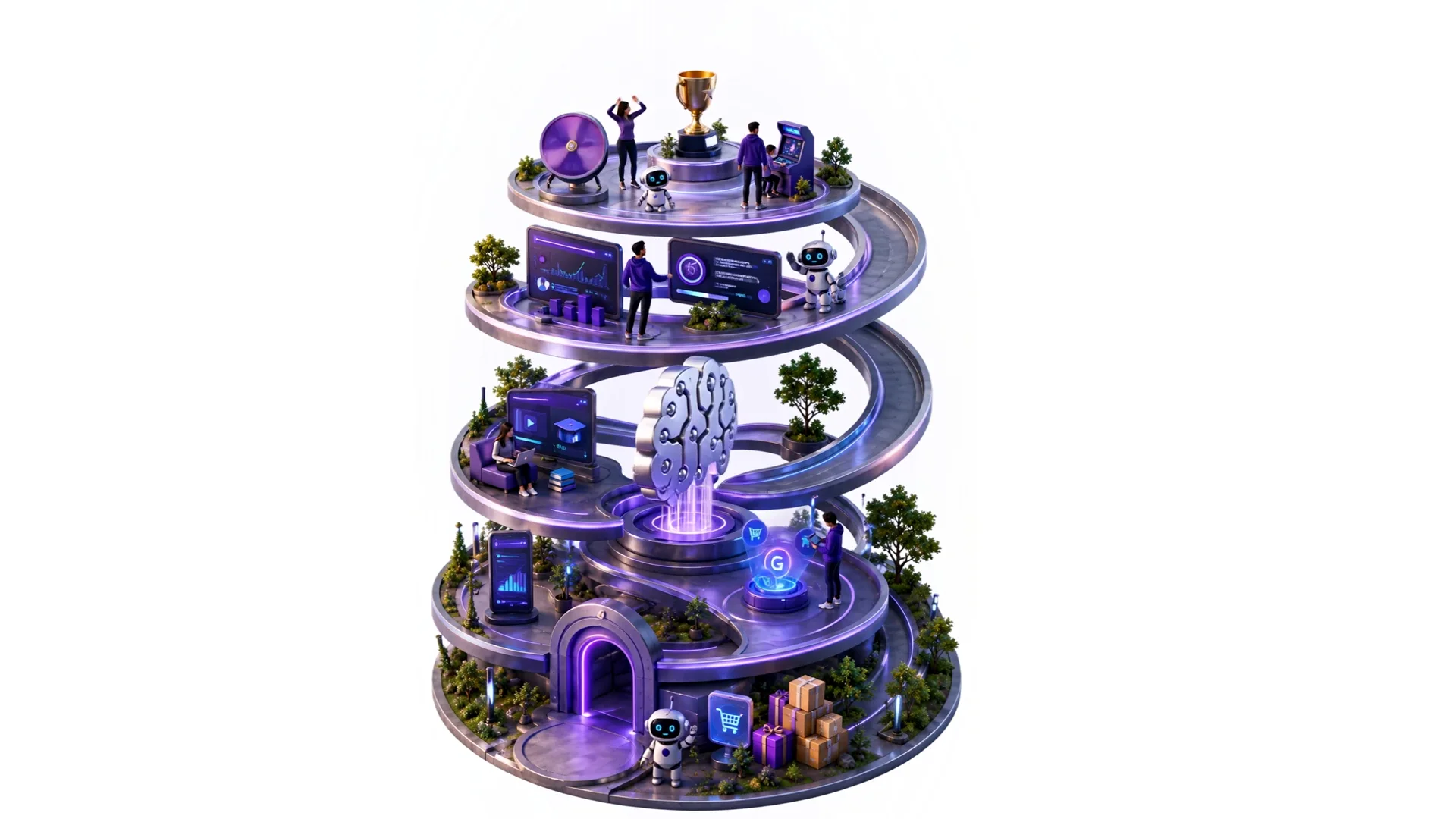 Torre em espiral da plataforma Geek, com a jornada do participante subindo da entrada ate o troféu