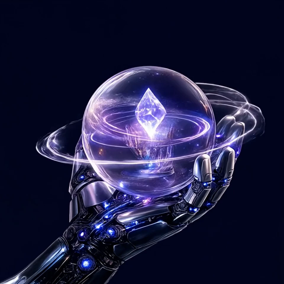 Mão robótica segurando uma esfera de cristal com uma galáxia dentro, representando o núcleo da plataforma Geek